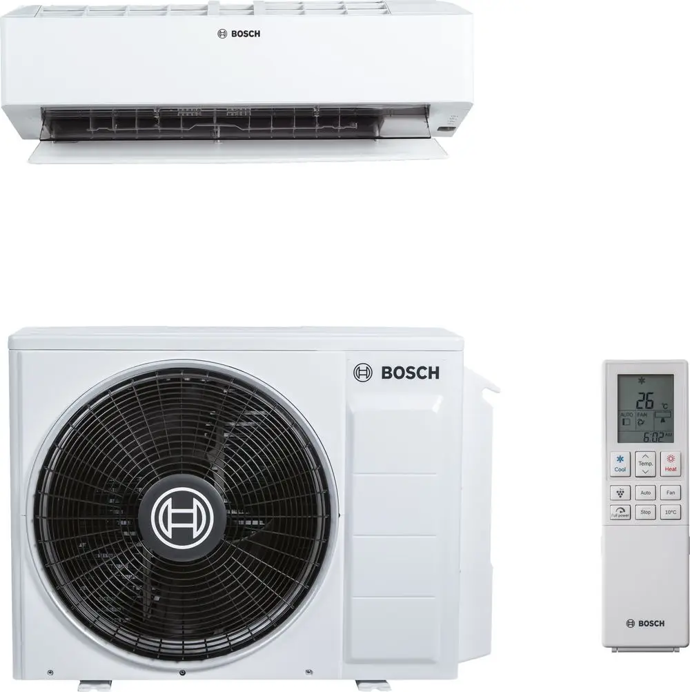 Bosch Split-Klimagerät mit Inneneinheit und Außeneinheit, standardmäßiger Lüfter und Fernbedienung zur Temperaturregelung.